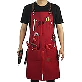 Stenffy Woodworking Apron, Tool Apron, Canvas, Multiple Pockets, Adjustable Zipper, Metal Ring, Tape Measure Clip, Plus Size, Red
