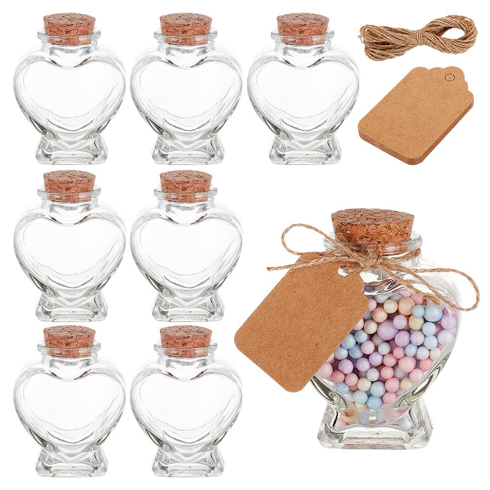 BENECREAT 8 Pack 60ml Heart Shaped Glass Favor Jars with Cork Lids, Label Tags and String for Candy, Spices Snacks Storage, Home Party Decortaion