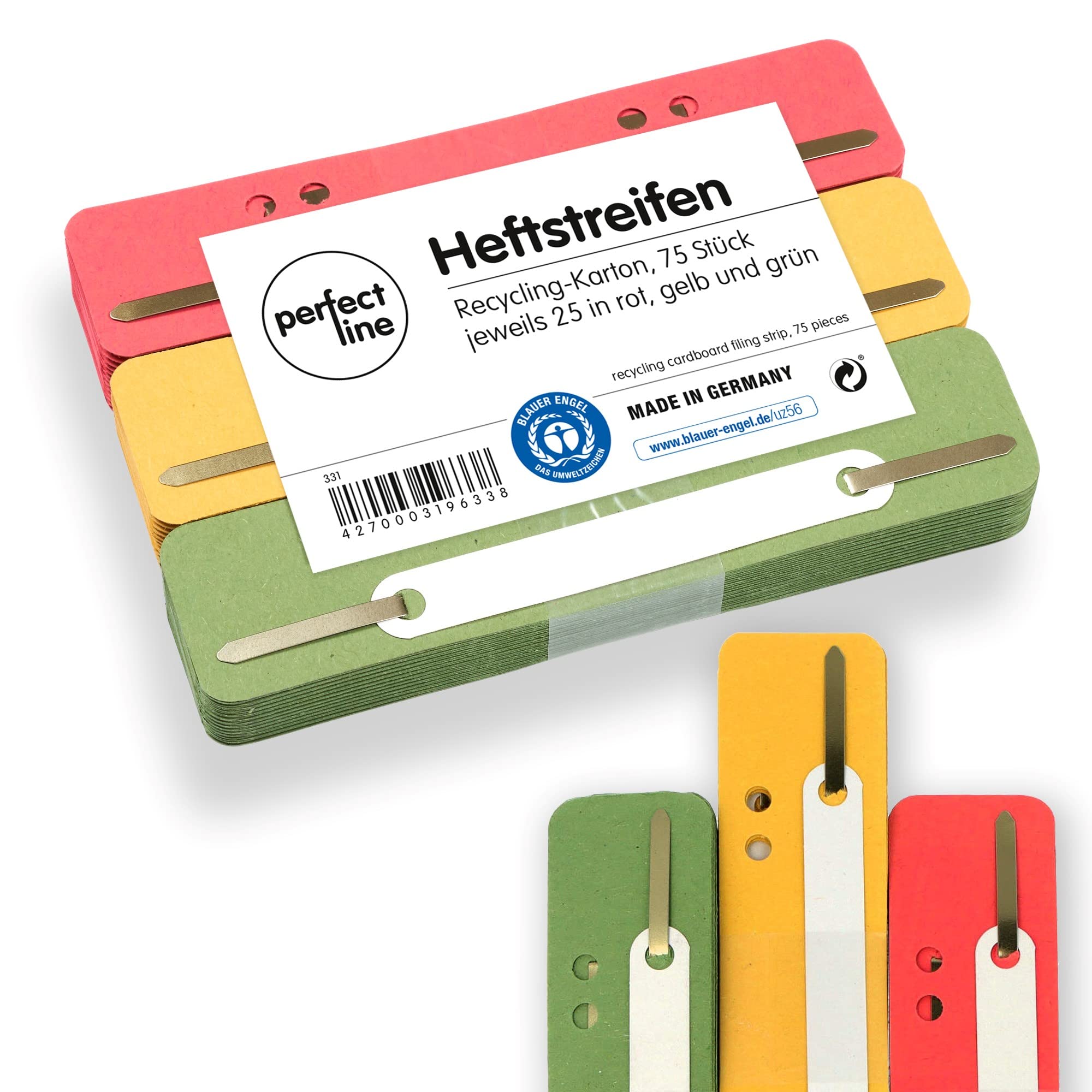 perfect line • 75 Filing Strips Cardboard, Recycled Cardboard, 250 g/m², Made in Germany (red, Green, Yellow)