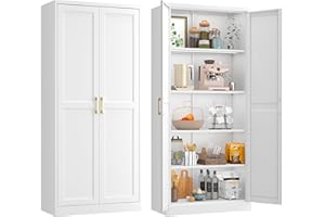 TIMELESS PIECES 71" Kitchen Pantry Storage Cabinet,White Tall Storage Cabinet With Doors and Shelves,Metal Food Pantry Cabinets for kitchen storage,Freestanding Cupboard for Dining Living Room,Assemble Required