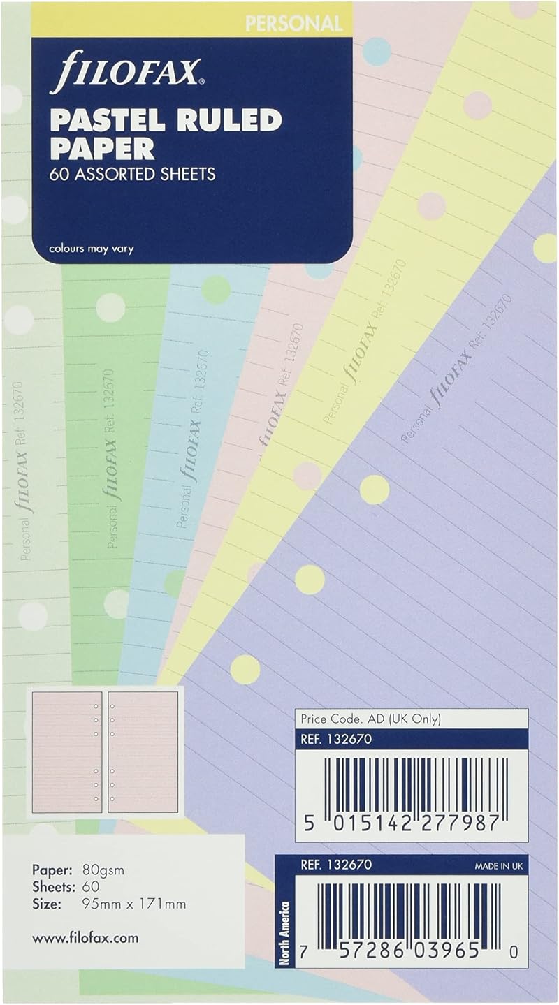 Filofax Personal Pastel Ruled Paper Refill 80gsm 95x171mm 60 sheets