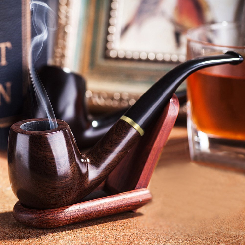 Joyoldelf Tobacco Pipes Maigret Black, Smooth, Bent, Hand Made + Stand