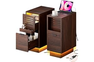 REAHOME Narrow Fluted Nightstand Set of 2, Wooden Small 2 Drawers Night Stand with Storage Fluted, LED Slim Bedside Table wit