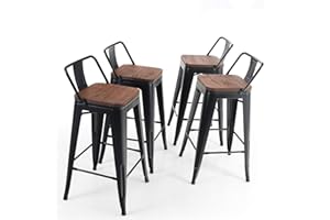 Sophia & William Bar Stool 26" Set of 4 Counter Hight Metal Dining Bar Chairs Wood Seat Low Back Industrial Stackable Patio Stool for Kitchen Bar Indoor Outdoor, Metal Black