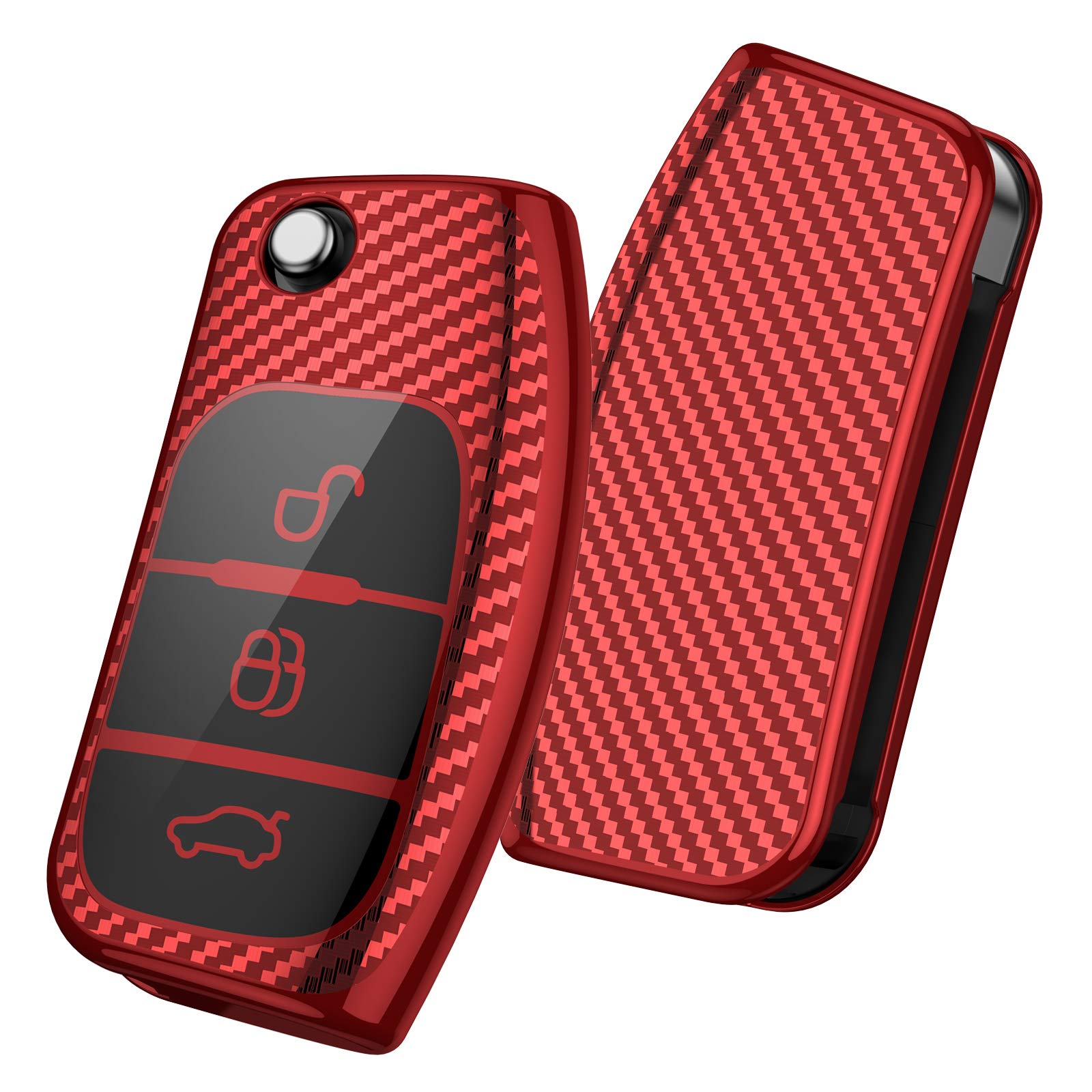OATSBASF Car Key Cover Compatible with Ford Fiesta Focus Galaxy Fusion Mondeo C-Max S-Max Bantam, 3-Button Key Case Shell TPU Key Box (Red-Stripe)