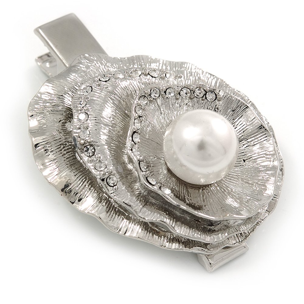 Clear Crystal, Pearl Hammered Shell Hair Beak Clip/Concord Clip/Clamp Clip In Silver Tone - 60mm L