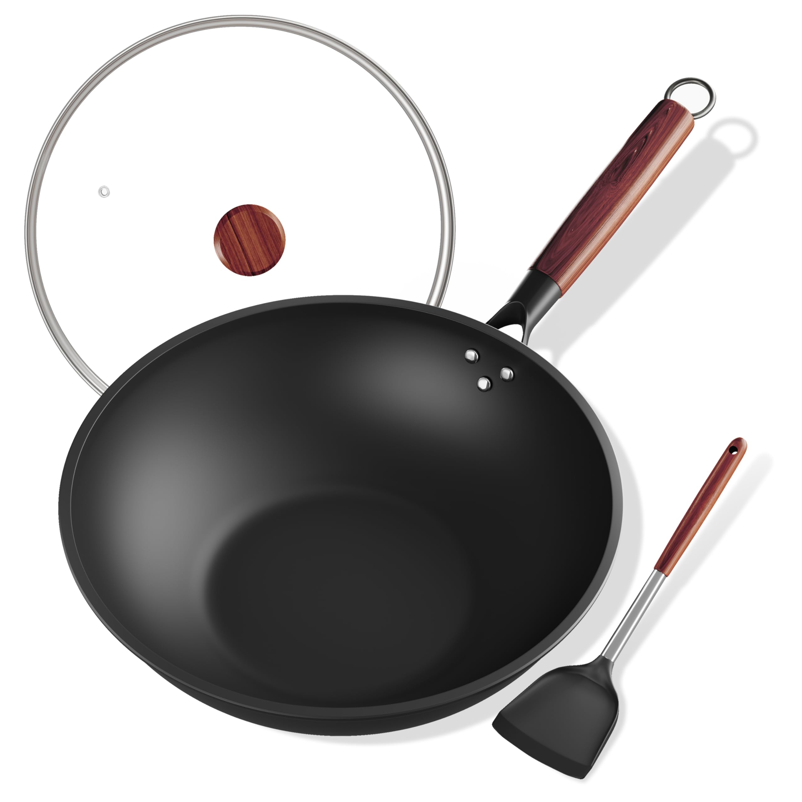 View 1 of **SEE CLERK NOTES** ziluetar Carbon Steel Wok 13-Inch Wok Pan with Glass Cover Silicone Spatula, Non-Stick Surface Woks & Stir-Fry Pans Pre-Seasoned Chinese Wok Pan for Induction, Electric, Gas Stoves Cooking