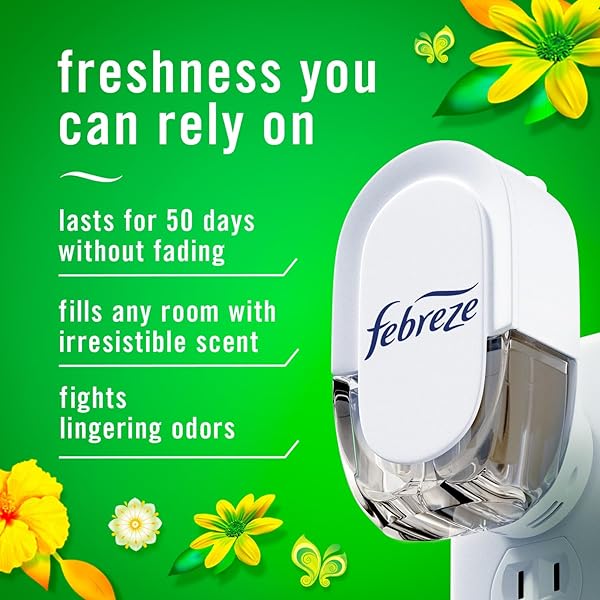 FEBREZE PLUG IN AIR FRESHENER, ODOR-FIGHTING SCENTED OIL STARTER KIT, AIR FRESHENERS FOR HOME AND BATHROOM AND KITCHEN, LONG LASTING FOR STRONG ODORS, GAIN ORIGINAL SCENT, WARMER + 2 REFILL