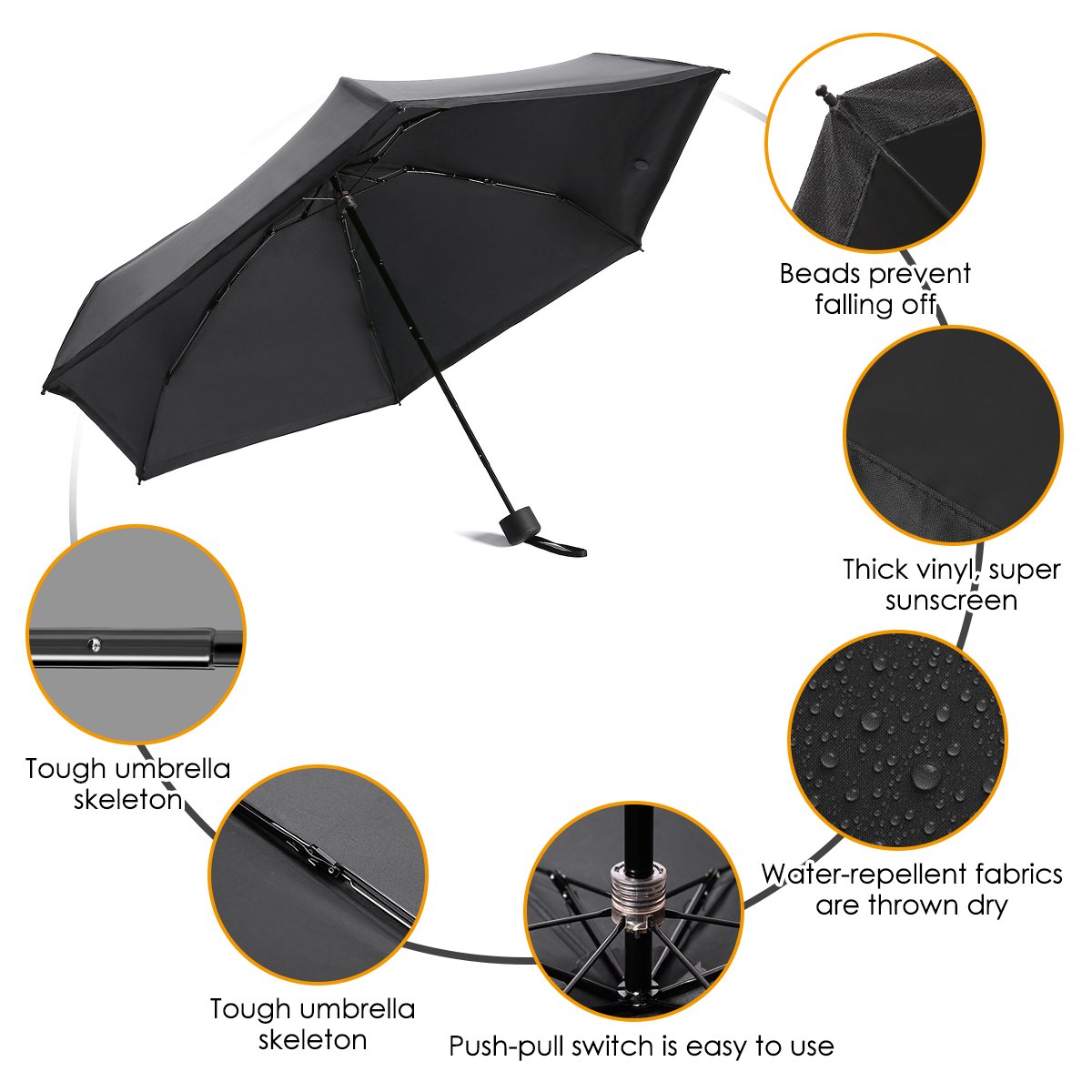 Regenschirm mini leicht, Pathonor Taschenschirm Regenschirm faltender Visier-Sonnenschutz-Regenschirm Im Freien UV-faltender Regenschirm, klein, leicht & kompakt, 180 g(schwarz)