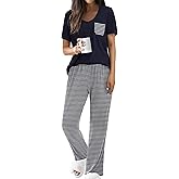 Ekouaer Pajama Sets for Women Short Sleeve Pj Set V Neck Sleepwear Chest Pocket with Long Pants Casual Loose Loungewear