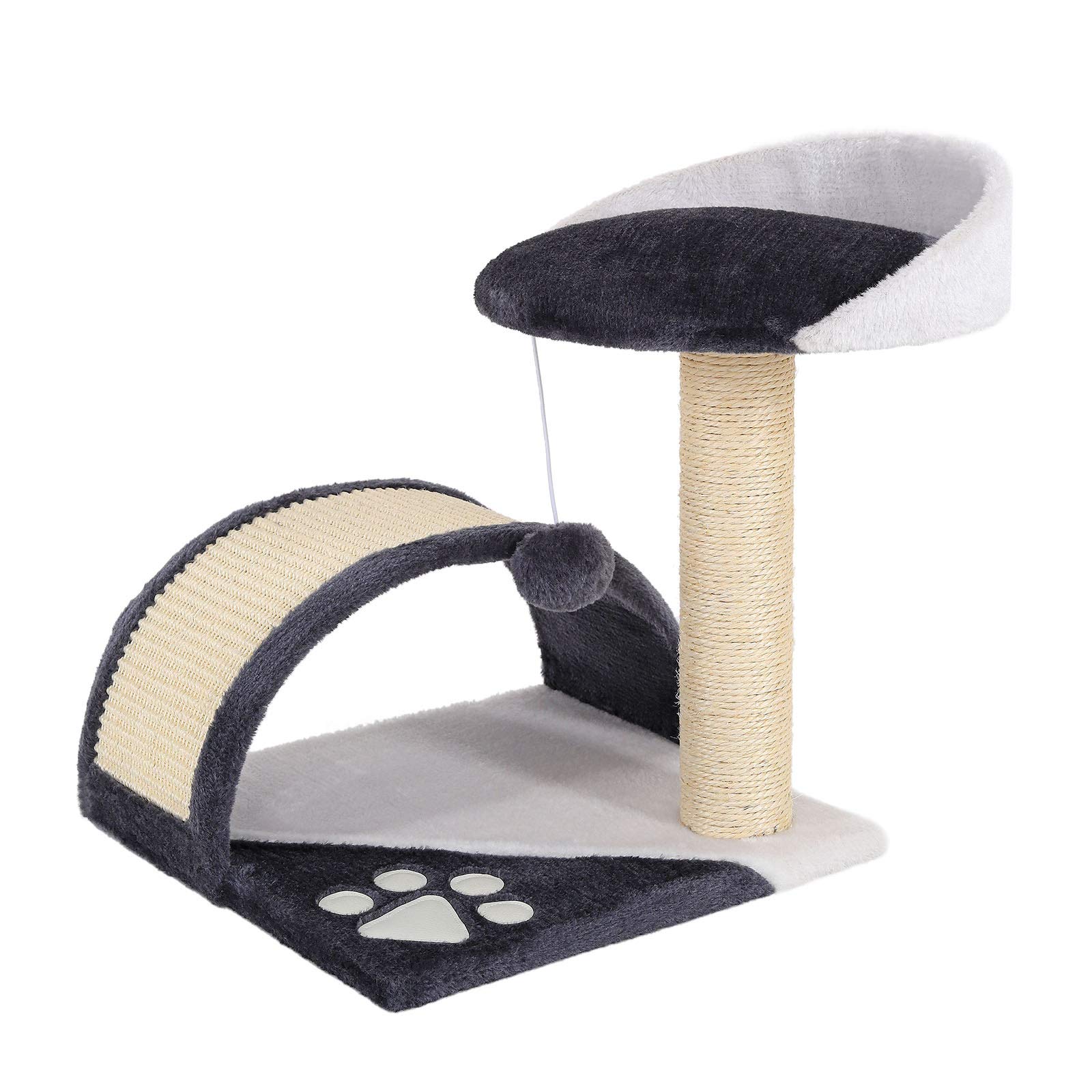 lionto Small scratching post with plush ball & scratching arch, height 43 cm, cozy lying surface out of soft plush, stable with sisal rope for claw care, suitable for small & large cats, grey/white