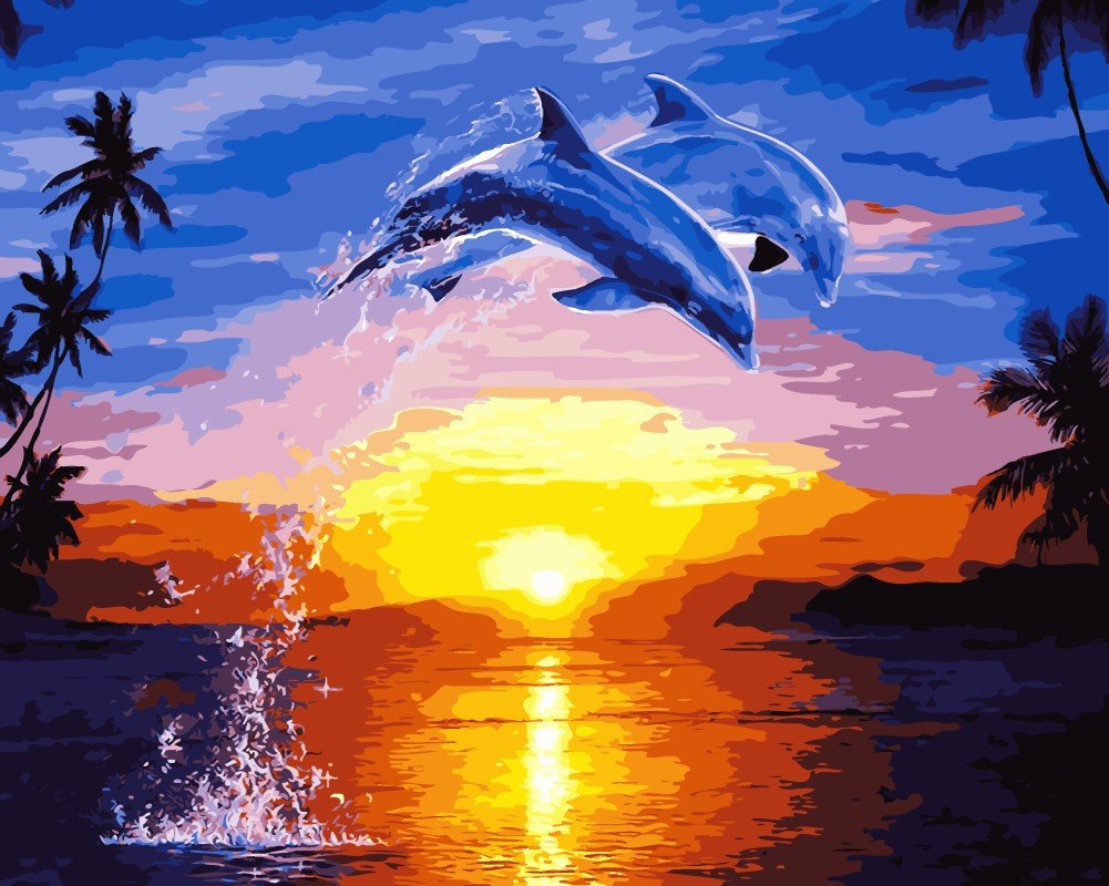 WOWDECOR Paint by Numbers Kits for Adults Kids, Number Painting - Dolphin Sunset Sea Landscape 16x20 inch (Frameless)