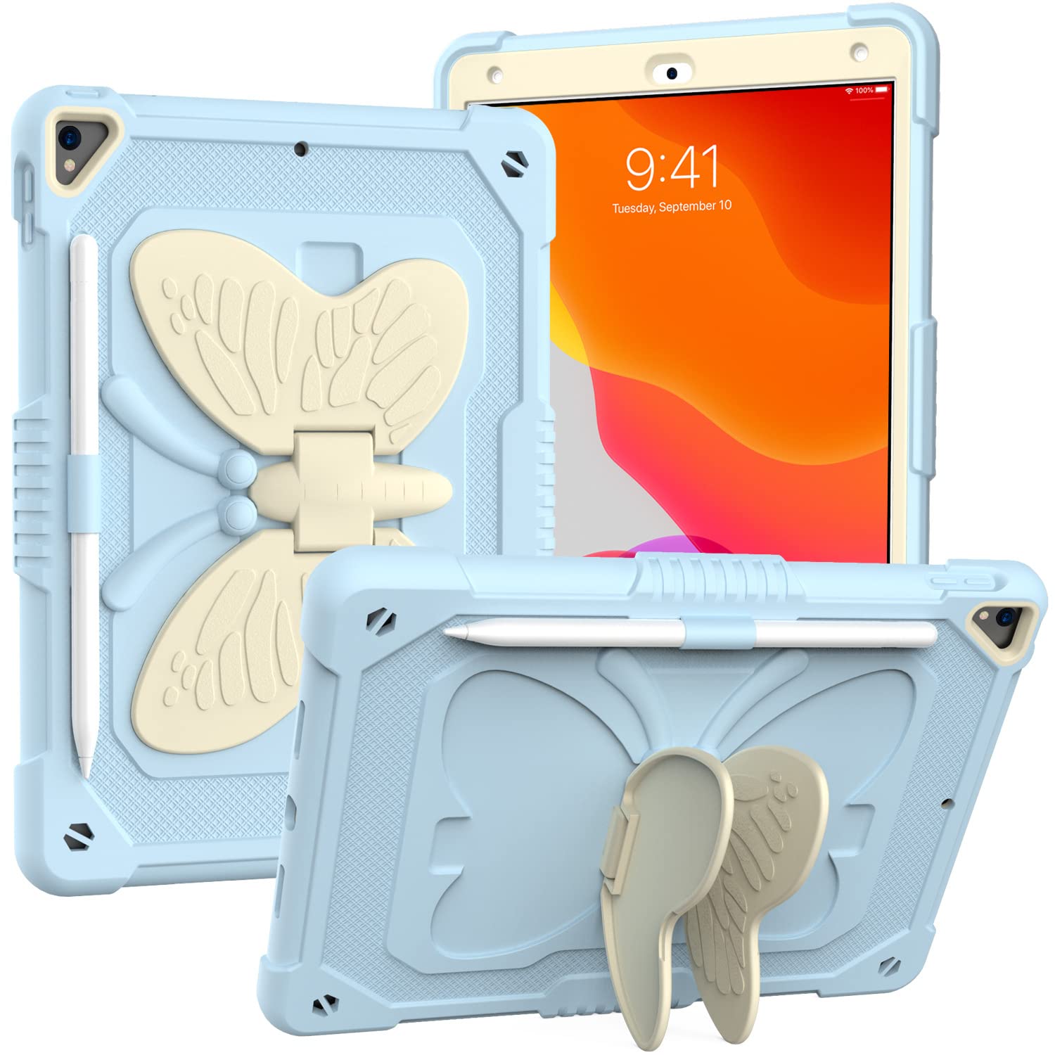 iPad 10.2 Inch 2021/2020/2019 Case with Shoulder Strap, Heavy Duty Shockproof Protective Case with Butterfly Mount for 9th/8th/7th Gen, White+Light Blue
