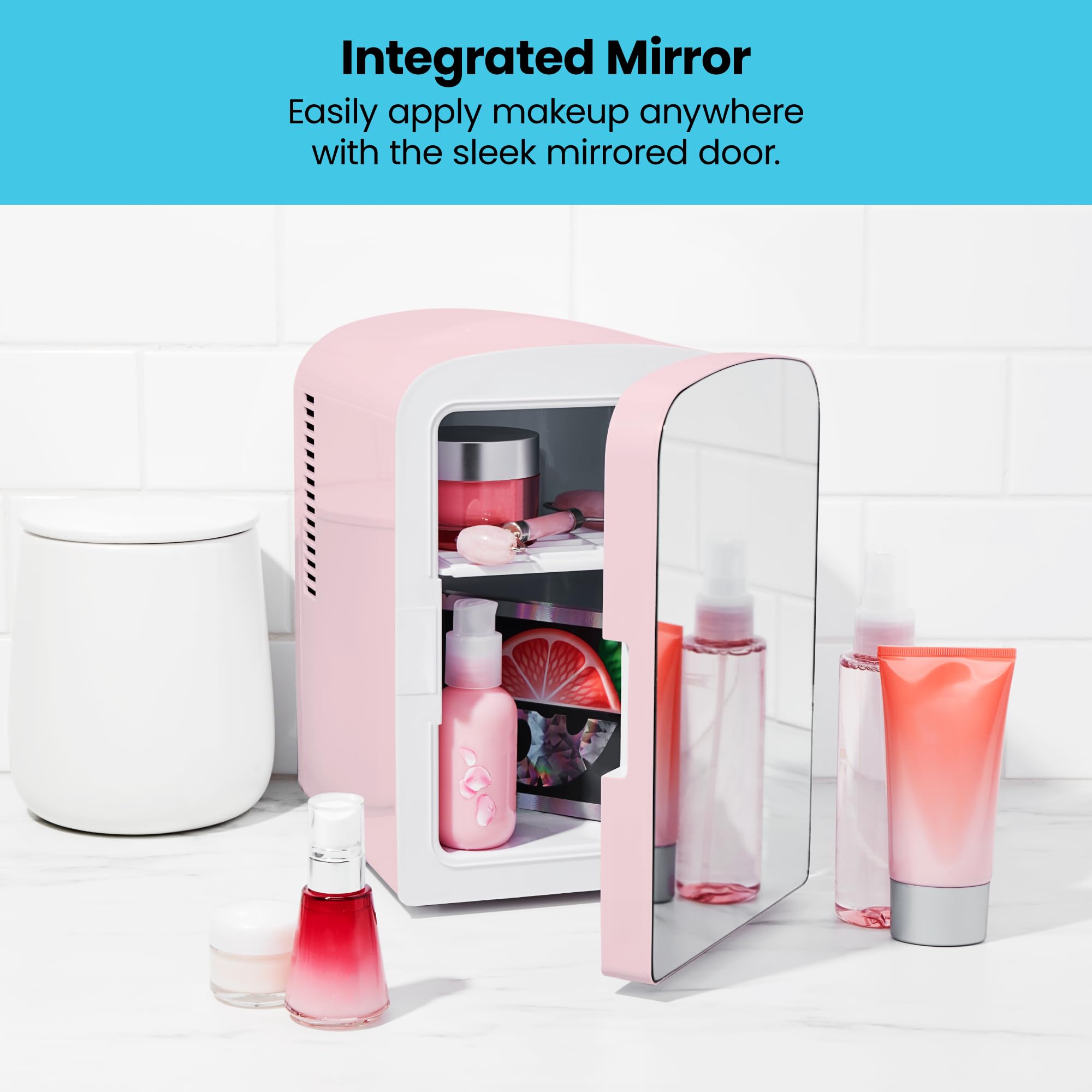 Chefman - Iceman Portable Mirrored Personal Fridge 4L Mini Refrigerator, Skin Care, Makeup Storage, Beauty, Serums & Face Masks, Small For Desktop Or Travel, Cool & Heat, Cosmetic Application, Pink