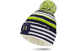 BERGWEISER LED Beanie with Light, 3 Adjustable Modes Headlamp Beanie Hat, Removable Rechargeable USB, Green Stripe Combo Pompom Hat for Kids