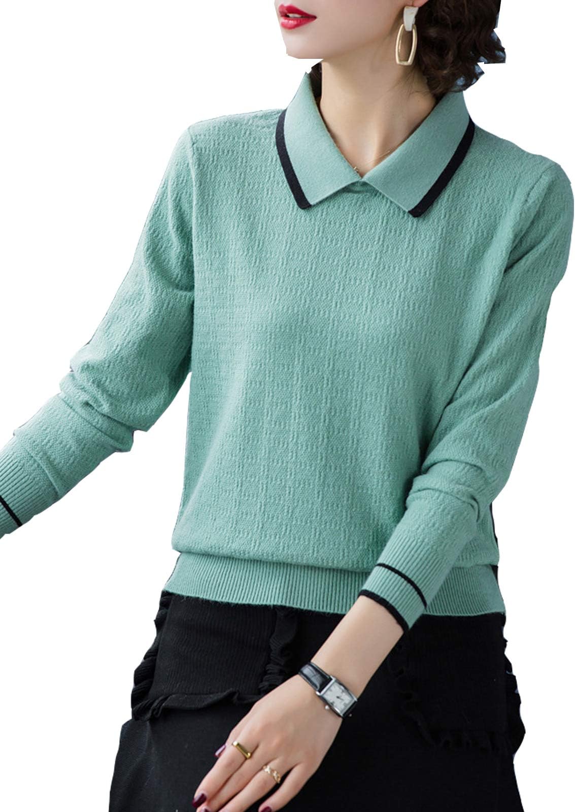 Aishang Womens Ribbed Sweaters Peter Pan Collar Long Sleeve Contrast Knit Shirt