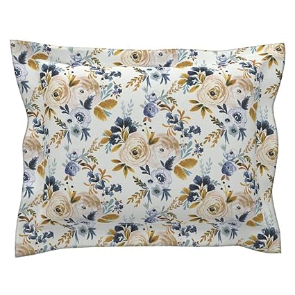 Amazon Com Watercolor Floral Flanged Pillow Sham Autumn Rose Blue
