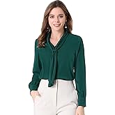 Allegra K Women's Dressy Long Sleeve Blouses Chiffon Pleated Tie Neck Office Top Shirt