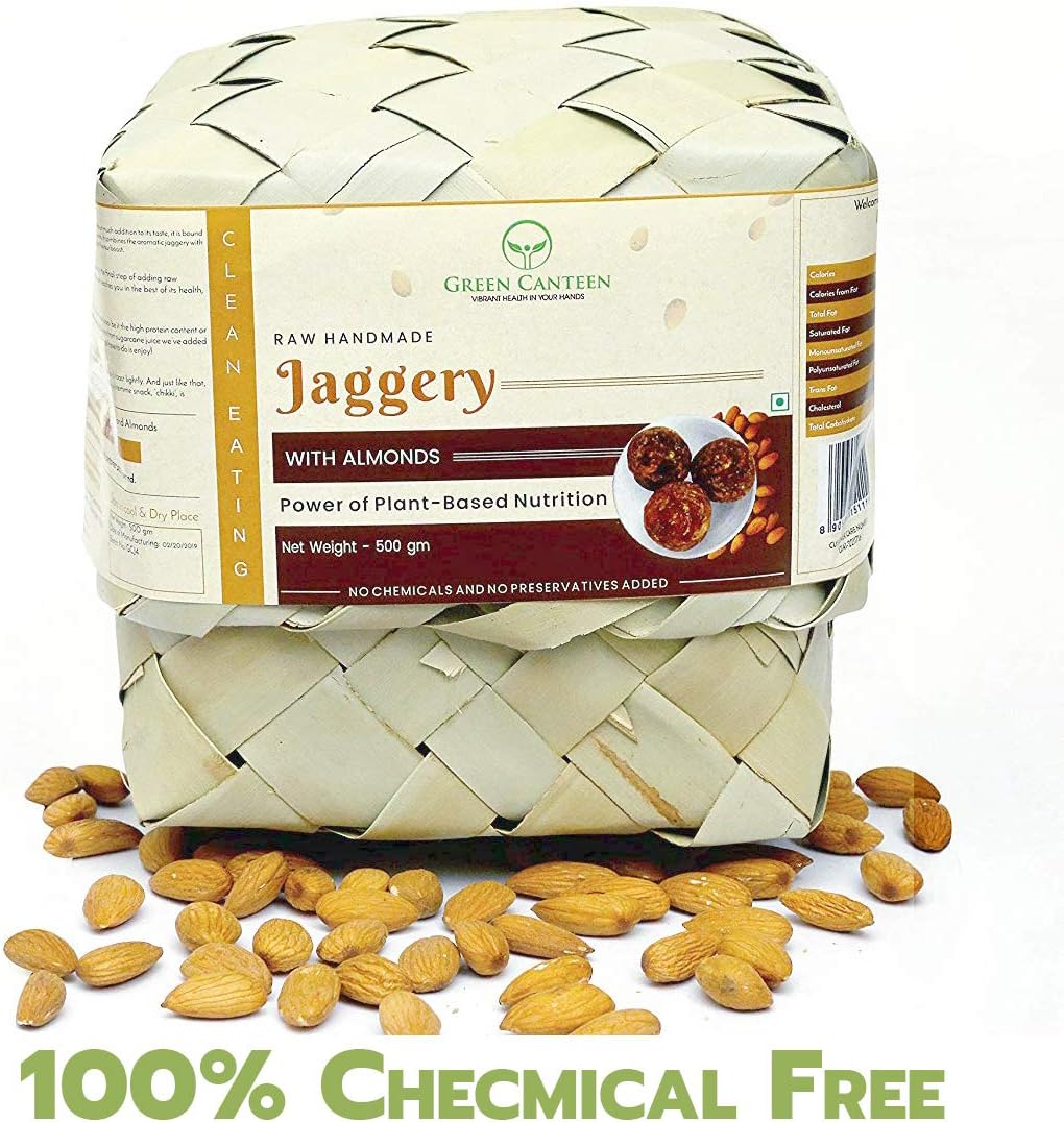 Green Canteen Raw Handmade Sugarcane Jaggery with Almond, 1kg Vegan and Gluten Free (No Added Sugar, No Impurities, No Added Colour, No Added Preservatives) (1000gm)
