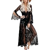 Bsubseach Black Lace Beach Cover Ups for Women See Through Bikini Kimono Swimsuit Cover Up Swimwear