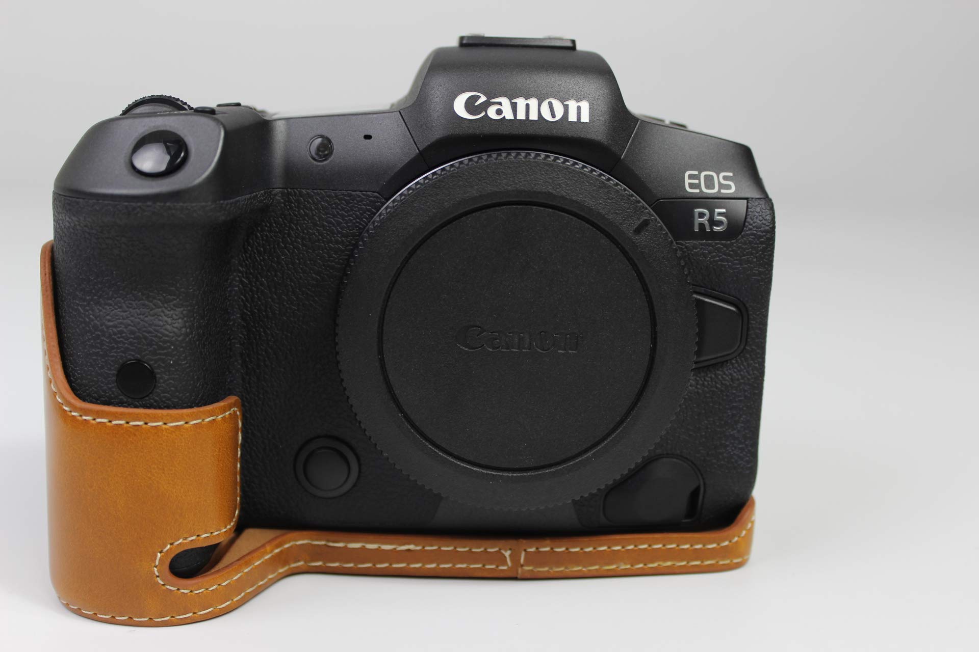 R5 R6 Case, Zakao PU Leather Half Bottom Opening Version Holster Camera Case With Hand Strap Protective Cover Bag Case for Canon Eos R5 R6 (Brown)