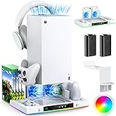 Upgrade Cooling Fan&Dual Charging Stand for Xbox Series X Console&Controller,Cooler Charger Station System for XSX with 15 RGB Light, 2x1400mAh Rechargeable Battery,Disc Accessories Storage (White)