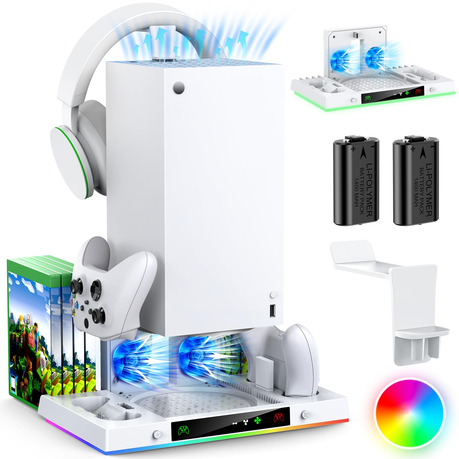 Upgrade Cooling Fan&Dual Charging Stand for Xbox Series X Console&Controller,Cooler Charger Station System for XSX with 15 RGB Light, 2x1400mAh Rechargeable Battery,Disc Accessories Storage (White) Image
