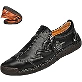 Men's Slip On Loafers Leather Casual Shoes,Lightweight Comfy Vintage Hand-Stitching Zip Driving Walking Sneakers