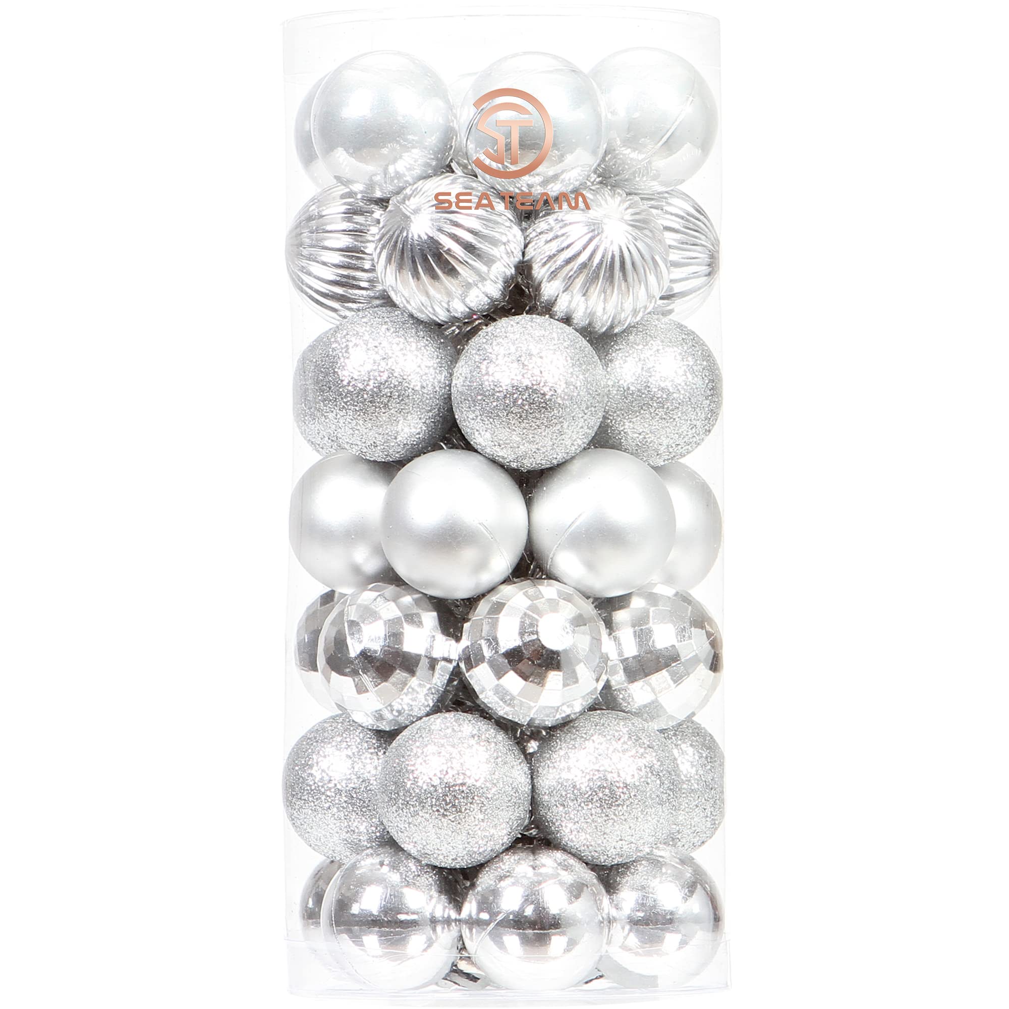 Sea Team 46-Pack Christmas Ball Ornaments with Strings, 30mm/1.18" Mini Size Baubles, Shatterproof Plastic Christmas Bulbs, Hanging Decorations for Xmas Tree, Holiday, Wedding, Party, Silver