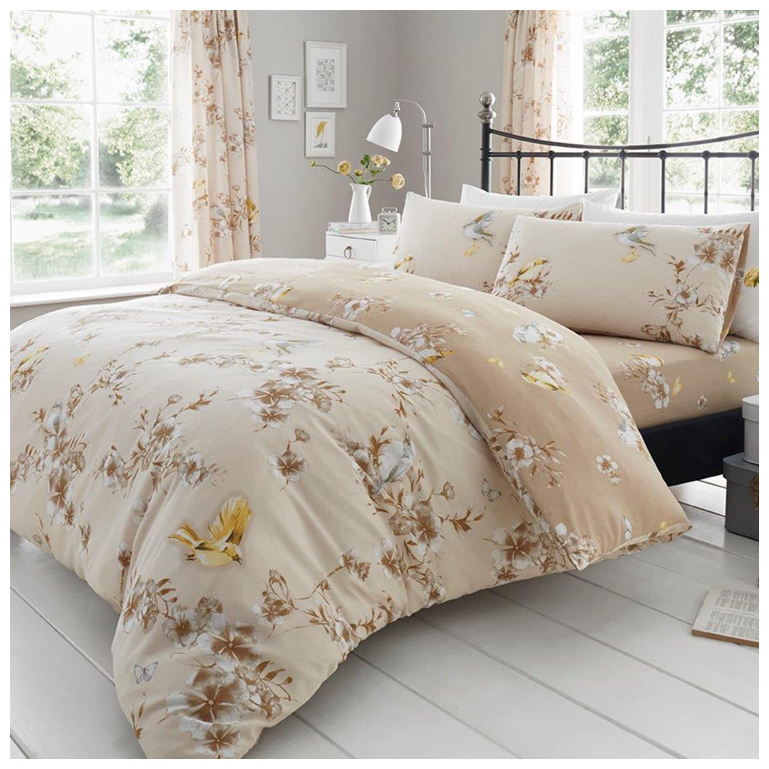 GC GAVENO CAVAILIA Luxury BIRDIE BLOSSOM Bed Set with Duvet Cover and Pillow Case, Polyester-Cotton, Natural, Double