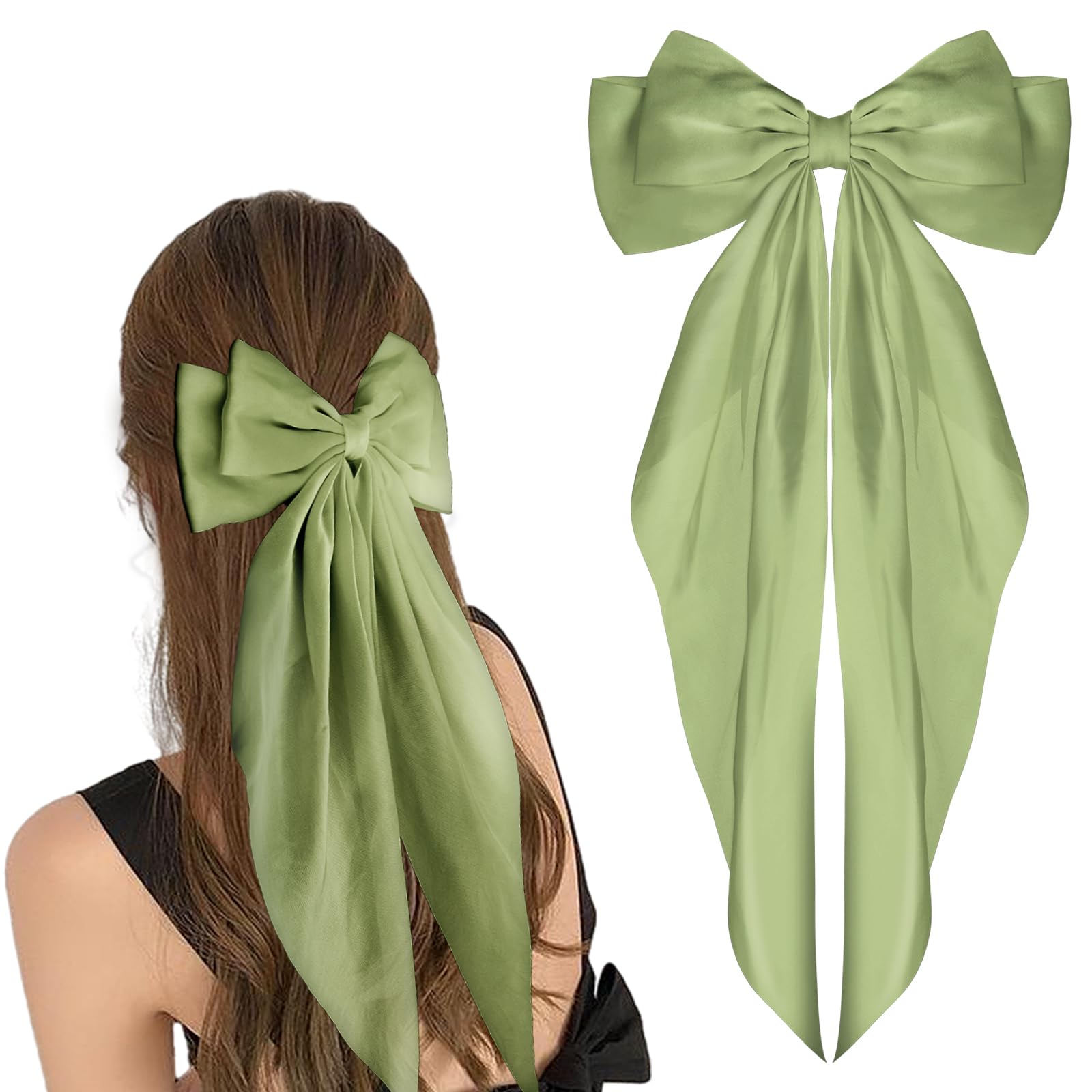 WLLHYF Big Bow Barrettes Long Tail French Ribbon Hair Pins Soft Silky Satin Hair Clip Metal Bowknot Clips 90's Accessories for Party Women Girl (Olive green)