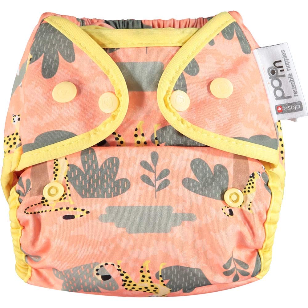 Close Pop-in Premium Bamboo Cloth Nappy - One Size, Birth to Potty, Secure Popper Fastener, Print Design - Cheetah