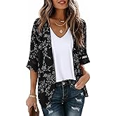 LILBETTER Women Lightweight Chiffon Kimono Cardigan Puff Sleeve with Lace Loose Beach Wear Cover Up Blouse Top