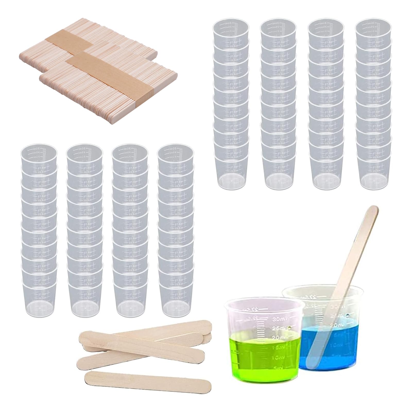 Measuring Cups, Mixing Cups, Pack of 100 30 ml Plastic Measuring Cups with 100 Mixing Sticks for Mixing Paints, Epoxies, Resin, Laboratory, Cooking, Painting Accessories (White)