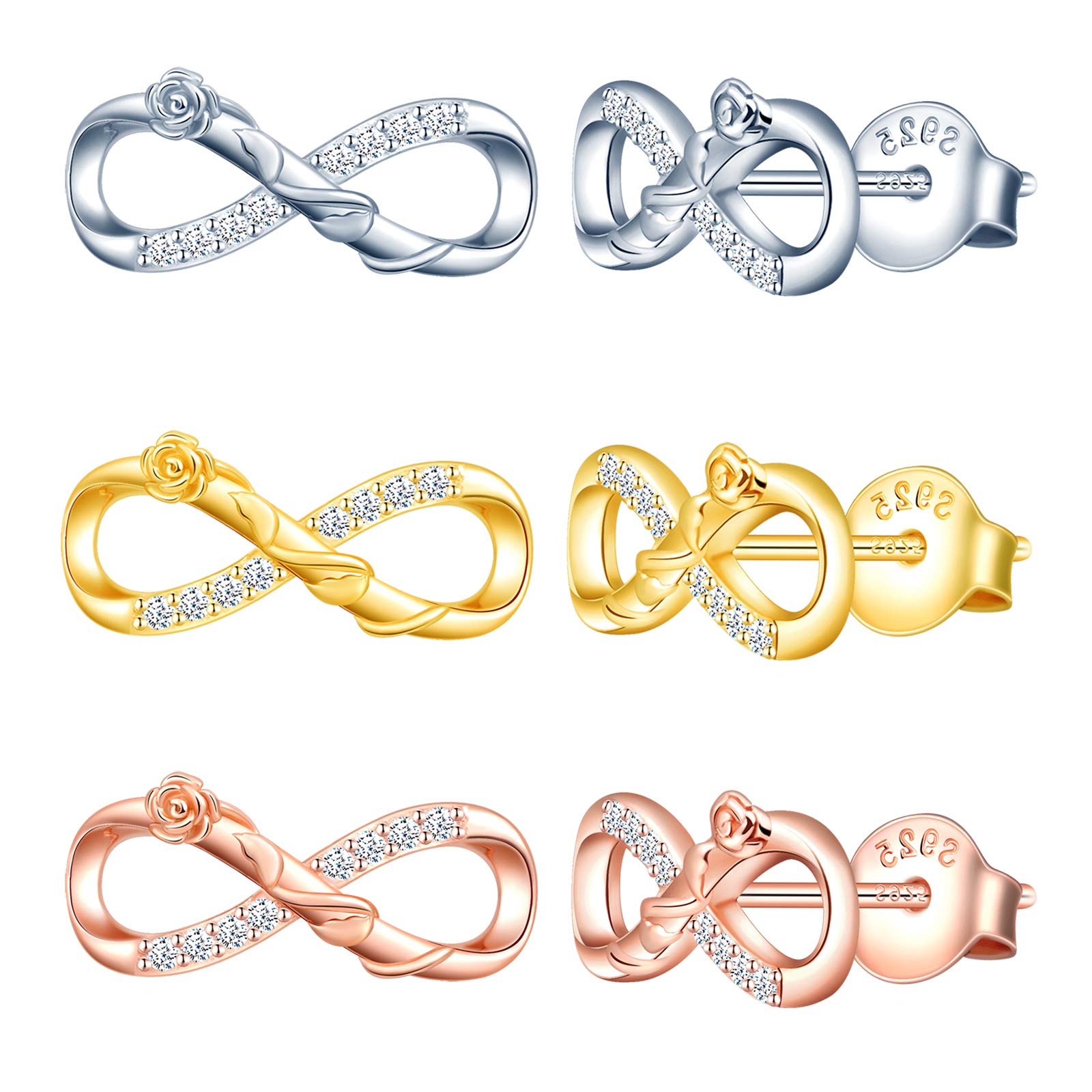 MicLee Woman's girl's Earrings studs, 925 Sterling silver rose earrings, Mini infinity symbol earrings studs, Inlaid zircon, silver, rose gold, gold