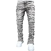 Mens Stacked Jeans Y2k Slim Fit Skinny Ripped Jeans Distressed Destroyed Denim Pants Emo Hip Hop Jeans
