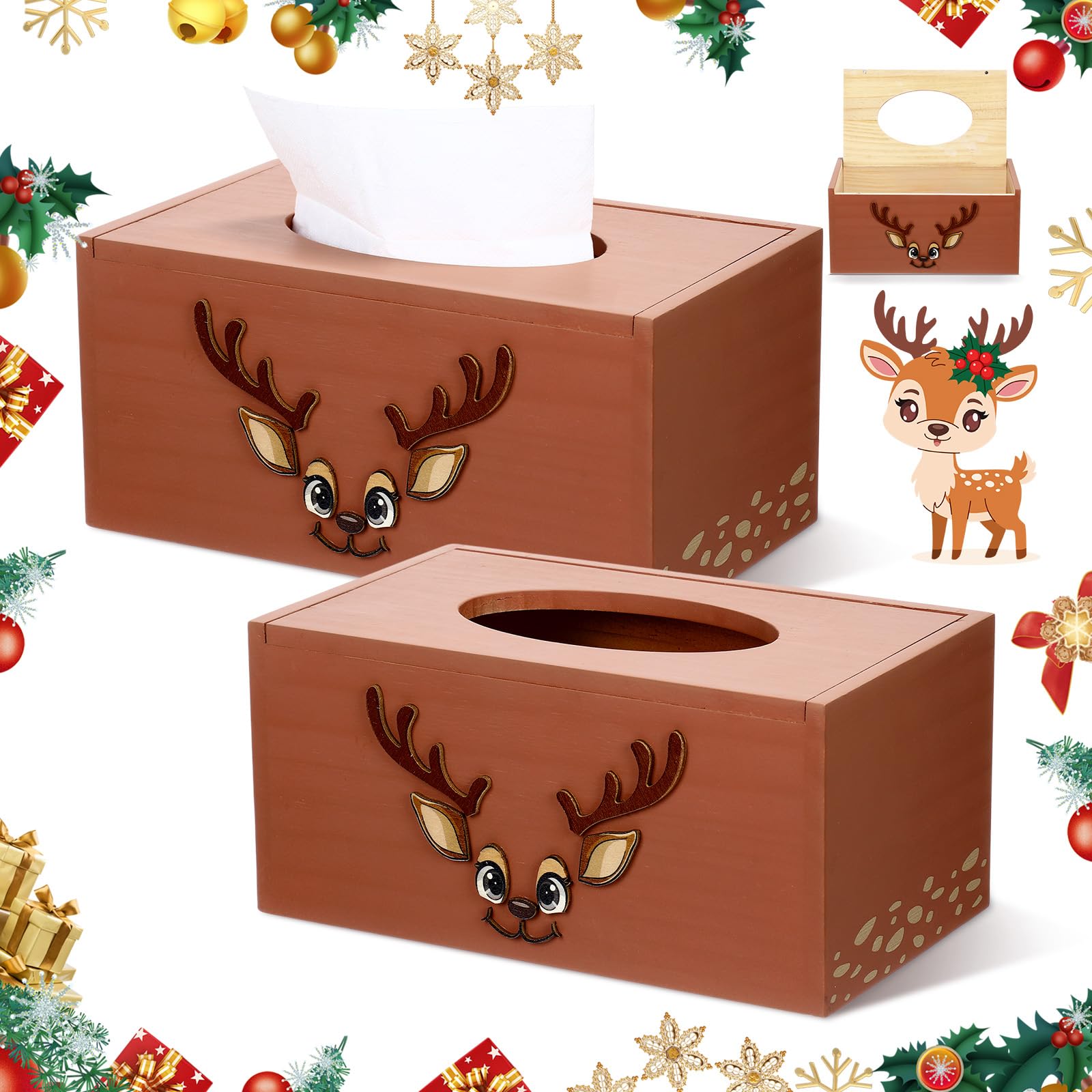 Photo 1 of 1 Pack Christmas Tissue Box Cover Rectangle Christmas Reindeer Print Tissue Box Holder Wooden Xmas Decorative Facial Covers for Xmas Gift Countertop Bathroom Kitchen Bedroom
