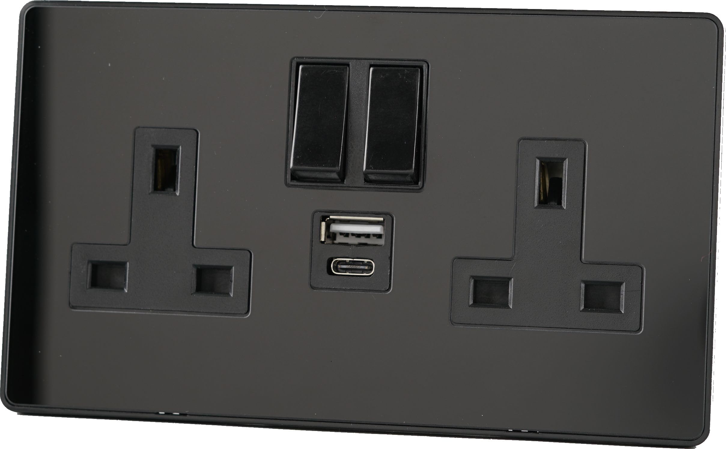 Glass Screwless - 13A 2Gang Switched USB Socket 20W PD3.0 USB A + C - BLACK