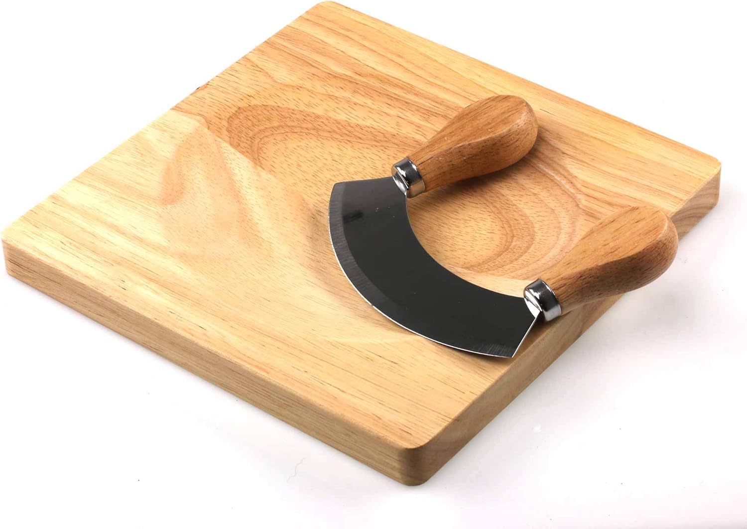 Wooden Mezzaluna HERB Chopping Board with dip and Curved Stainless
