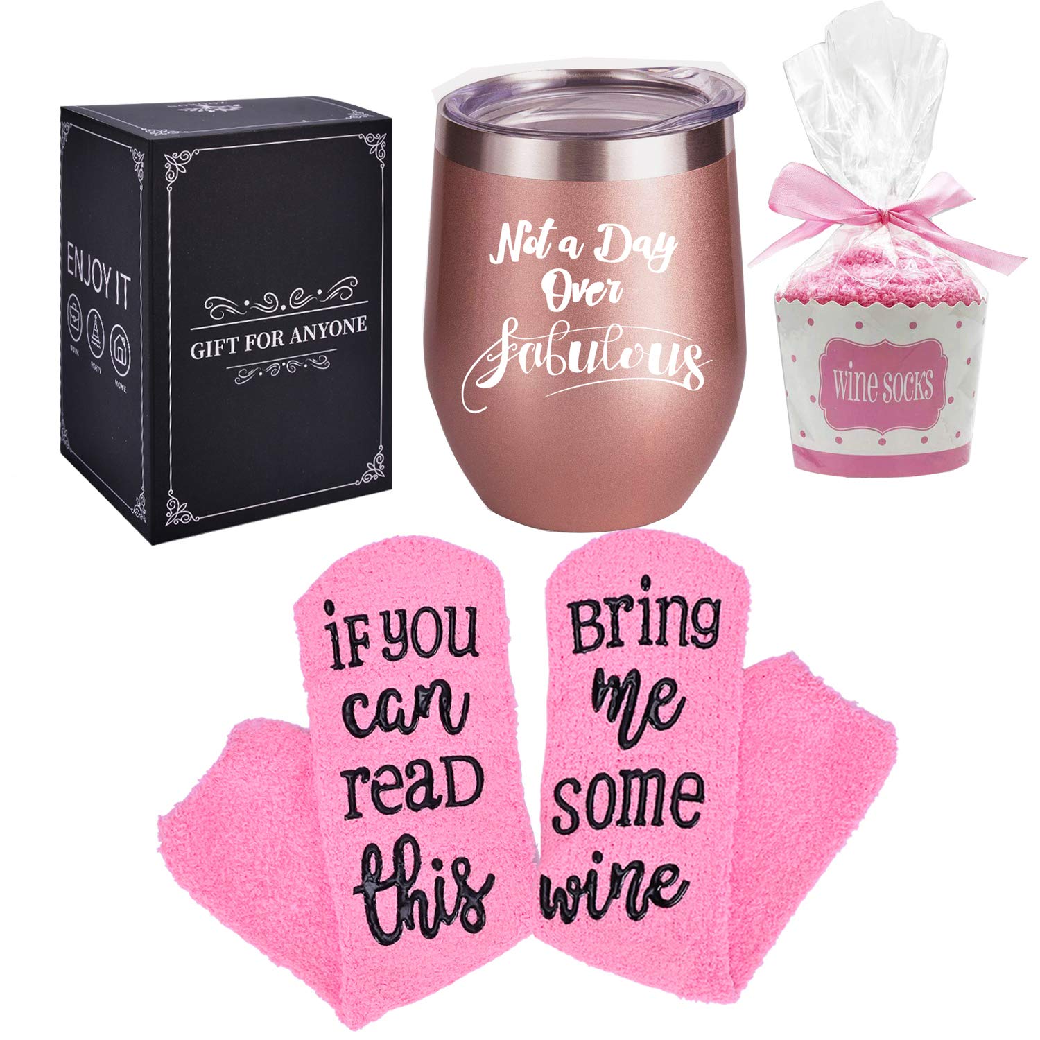 Stainless Steel Wine Tumbler with Cupcake Wine Socks, Wine Gift Set, Insulated Wine Tumbler with Lid, Funny Wine Socks, Best Friends Gift, Best Birthday or Festival Gift for Women, Girl