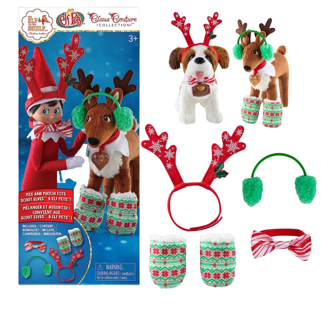 The Elf on the Shelf Claus Couture Dress Up Party Pack Clothes Set for your Scout Elves and Elf Pets - Accessories include Festive Felt Antlers, Fluffy Earmuffs, Satin Bow Tie, and Furry Fleece Socks