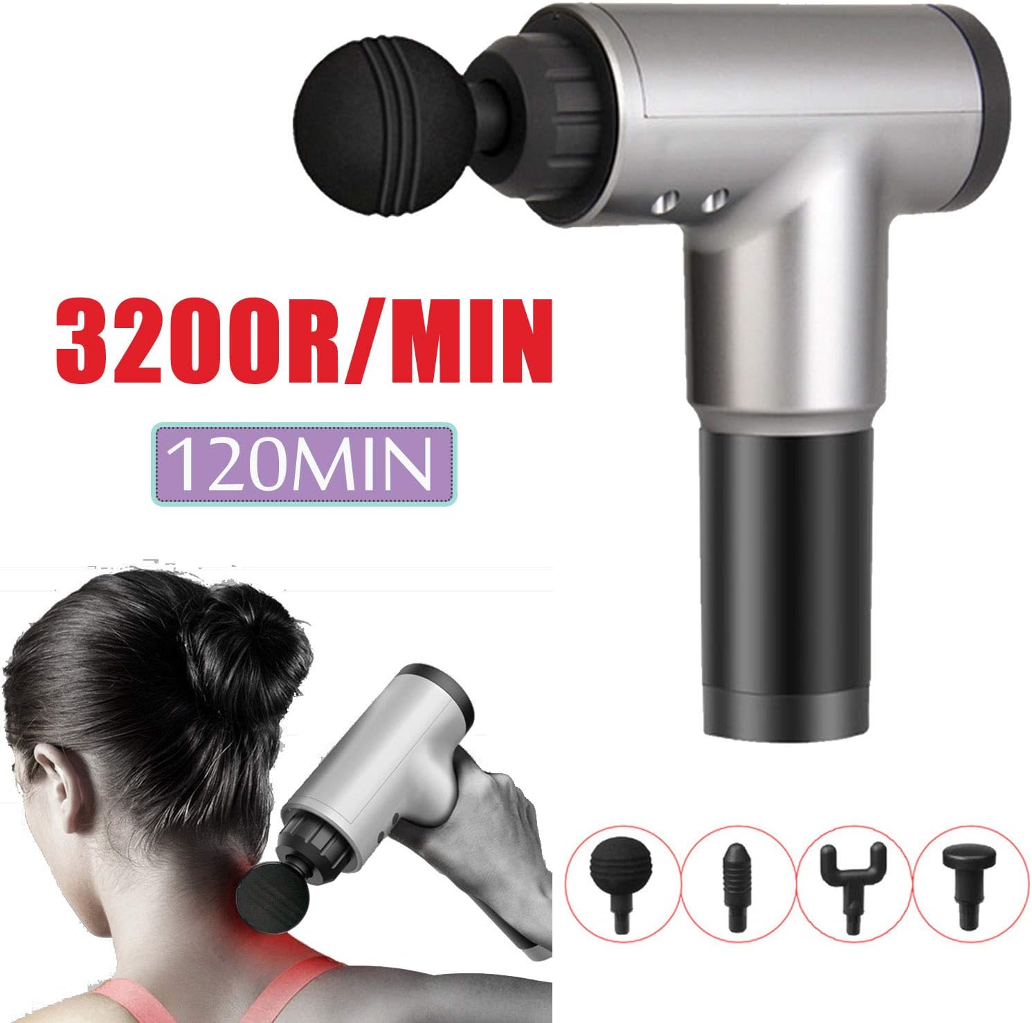 Massage Gun Deep Tissue,Handheld Deep Tissue,Deep Tissue Muscle Massage Gun,12V 2000/2500 mAh 4 Massage Heads 6 Speed Deep Massage Release Fatigue To Relieve Lactic Acid Relax Muscles ,Silver12v2000ma