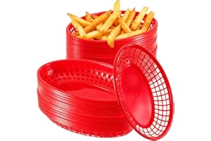 JEUIHAU 60 Pack Red Oval Fast Food Baskets, Plastic Food Serving Baskets for Bread, Fried Chicken, Burgers, Sandwiches, Fries