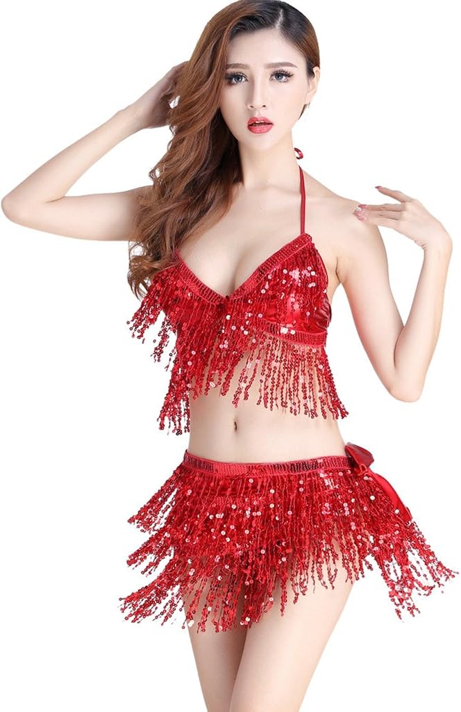 ZLTdream Belly Dance Costume Bra Top with Chest & Hip Scarf with Fringe Red: Clothing
