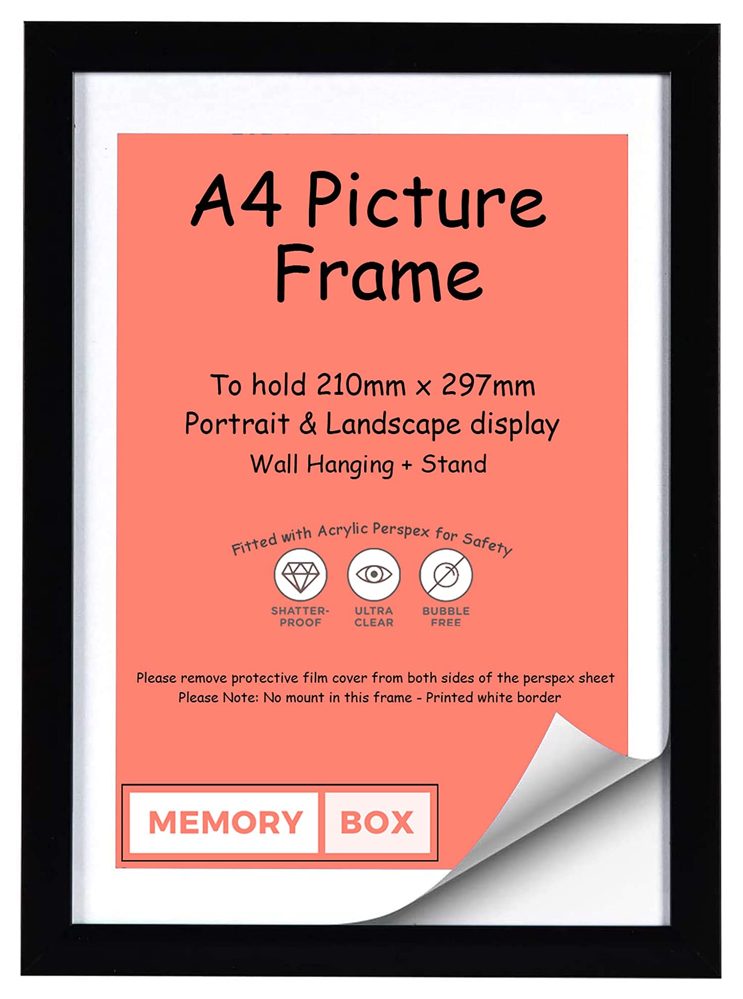 Memory Box Wrapped MDF Picture/Photo/Poster frame with Perspex Sheet - Moulding 20mm Wide and 15mm Deep - (11.75" x 8.25") (21.0 x 29.7cm) Black A4