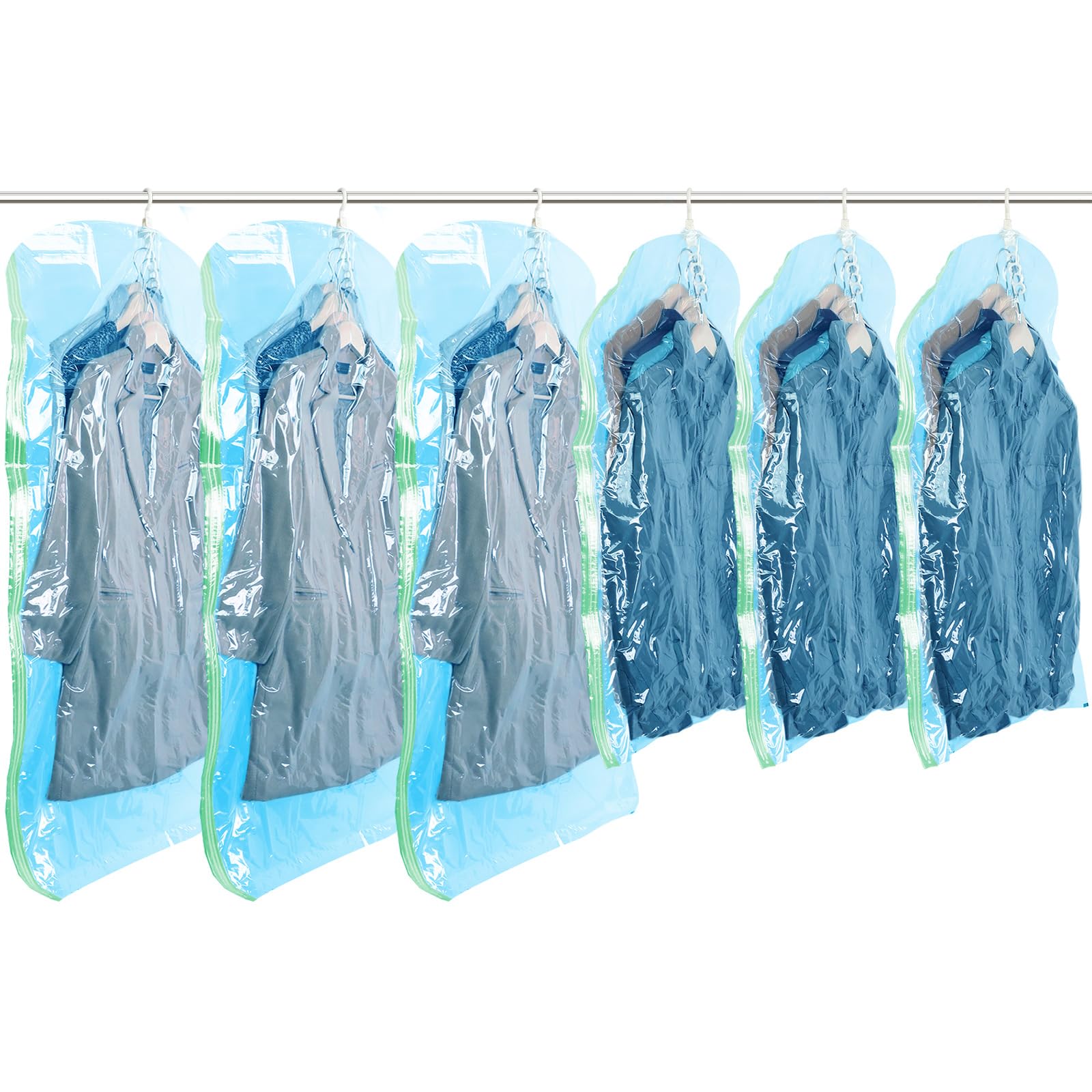 taili hanging vacuum sealer storage bags space saver bags for clothing, suits and jackets, closet organizers, (3 long, 3 short) blue blue 6 combo