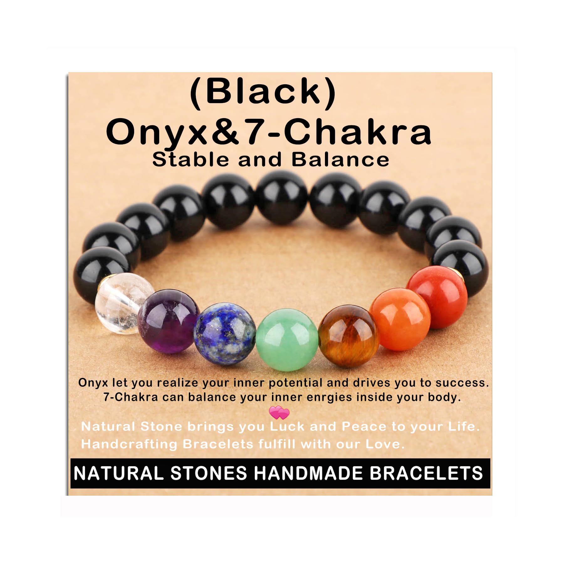Photo 1 of AD Beads Handmade Gemstone Stretch Elastic Bracelet Crystal Healing Reiki Nature's Beauty and Spiritual Essence Unisex (10mm, Onyx & 7-Chakra (Stable and Balance))