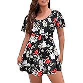 ECUPPER Womens One Piece Swimsuit with Sleeves Plus Size Swim Dress Modest Tummy Control Skirt Bathing Suit Built in Shorts