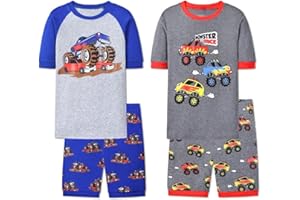 Joyond Boys Pure Cotton Summer Pjs for 2-14 Years, Kids Short Sleeve 4-Piece Pajamas Set Little Boys Sleepwear