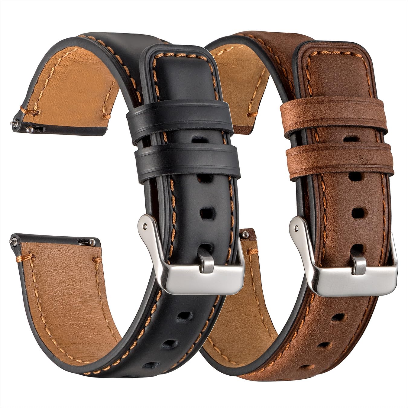 Snowoxen Galaxy Watch 6 Bands 2 Packs, Compatible with Samsung Galaxy Watch 6 Classic 47mm 43mm/ Galaxy Watch 6 40mm 44mm Band, 20mm Genuine Leather Quick Release Women Men's Band (Black+Brown)